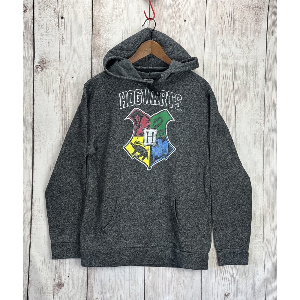 Harry Potter Hoodie Sweatshirt Men's Large Gray Pullover Hogwarts House Crest